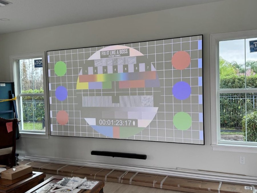 Large fixed frame projector screen with soundbar between windows