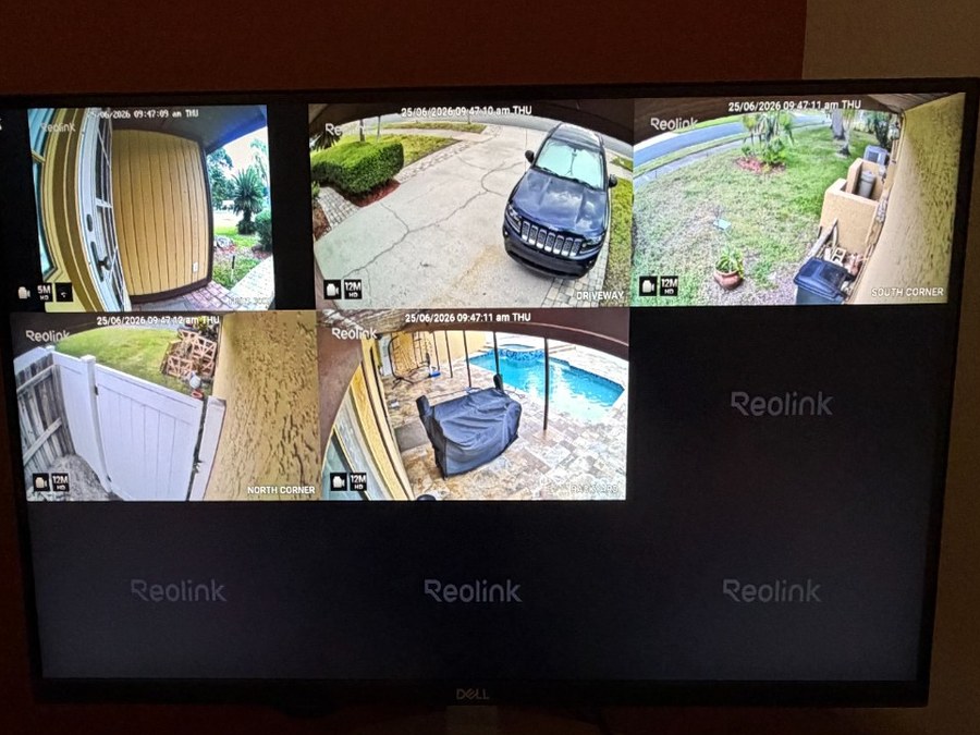 Multi-camera Reolink security dashboard on a home monitor