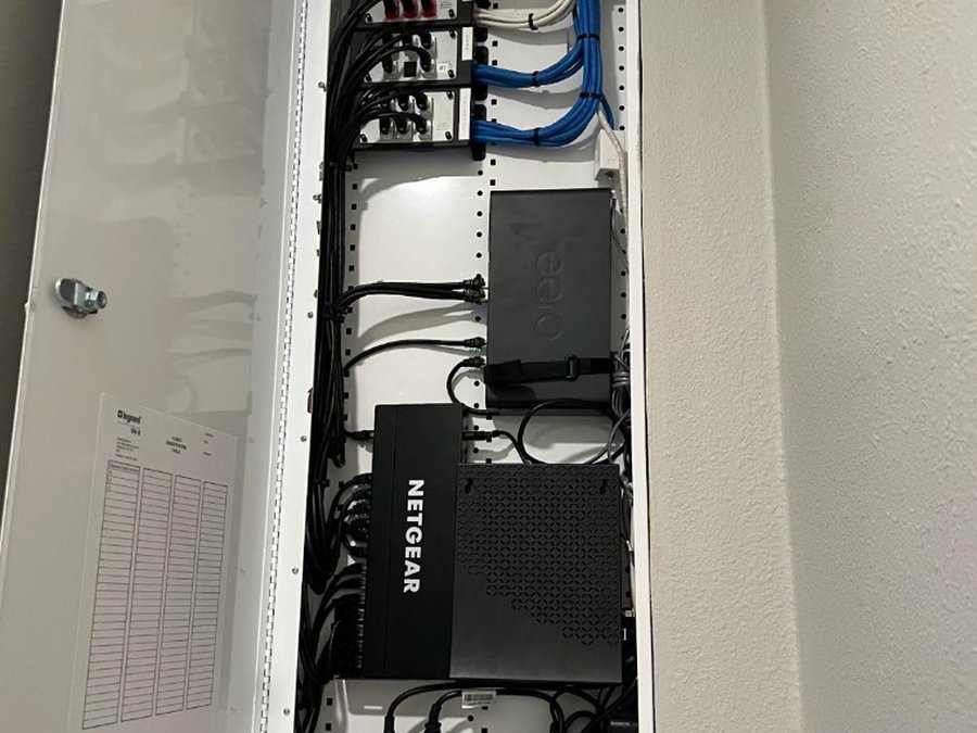 Structured network enclosure with Eero mesh and Netgear switch